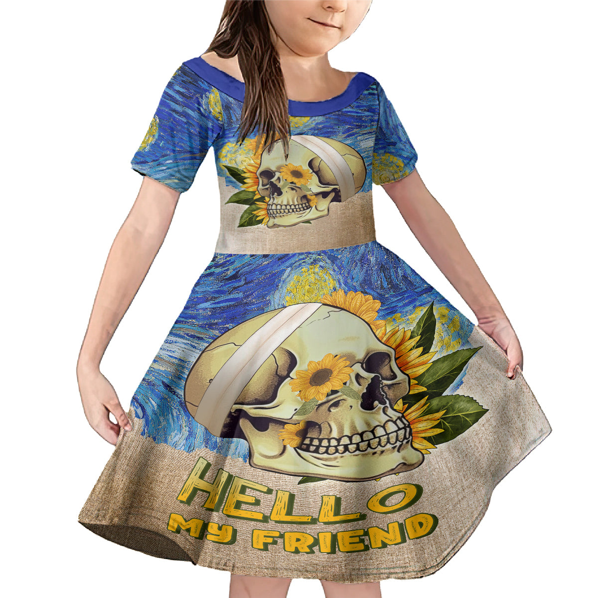Van Gogh Style Skull Family Matching Mermaid Dress and Hawaiian Shirt Hello My Friend - Wonder Print Shop