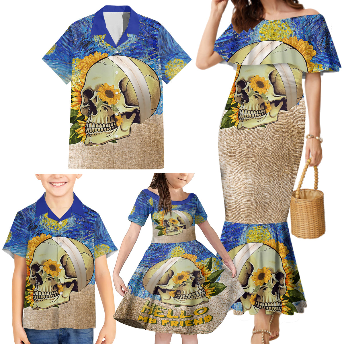 Van Gogh Style Skull Family Matching Mermaid Dress and Hawaiian Shirt Hello My Friend - Wonder Print Shop