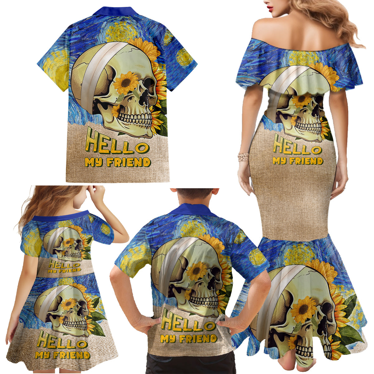 Van Gogh Style Skull Family Matching Mermaid Dress and Hawaiian Shirt Hello My Friend - Wonder Print Shop