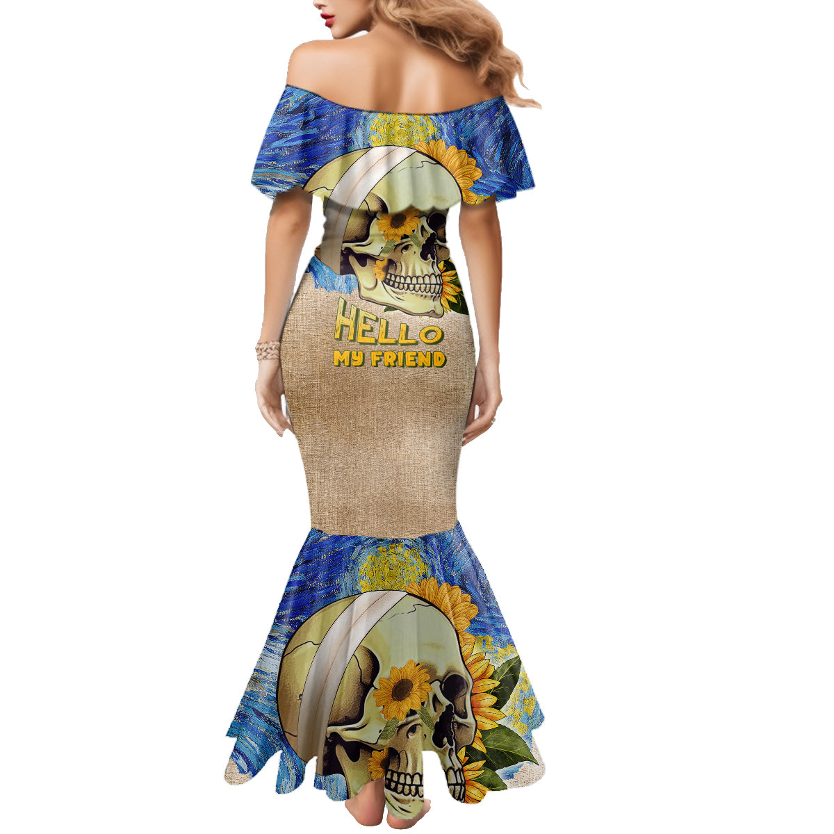 Van Gogh Style Skull Family Matching Mermaid Dress and Hawaiian Shirt Hello My Friend - Wonder Print Shop