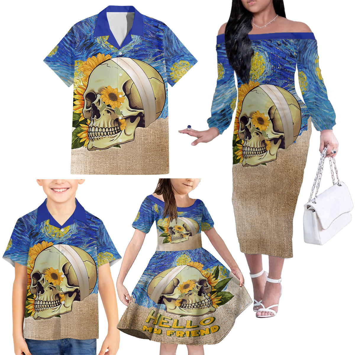 Van Gogh Style Skull Family Matching Off Shoulder Long Sleeve Dress and Hawaiian Shirt Hello My Friend - Wonder Print Shop