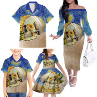 Van Gogh Style Skull Family Matching Off Shoulder Long Sleeve Dress and Hawaiian Shirt Hello My Friend - Wonder Print Shop