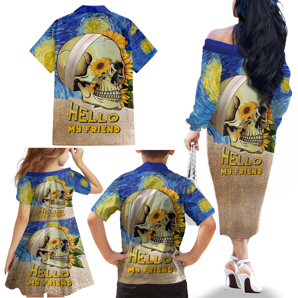 Van Gogh Style Skull Family Matching Off Shoulder Long Sleeve Dress and Hawaiian Shirt Hello My Friend - Wonder Print Shop