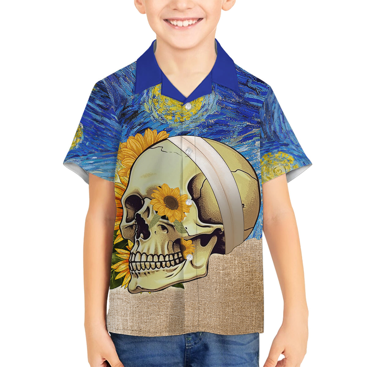 Van Gogh Style Skull Family Matching Off Shoulder Long Sleeve Dress and Hawaiian Shirt Hello My Friend - Wonder Print Shop