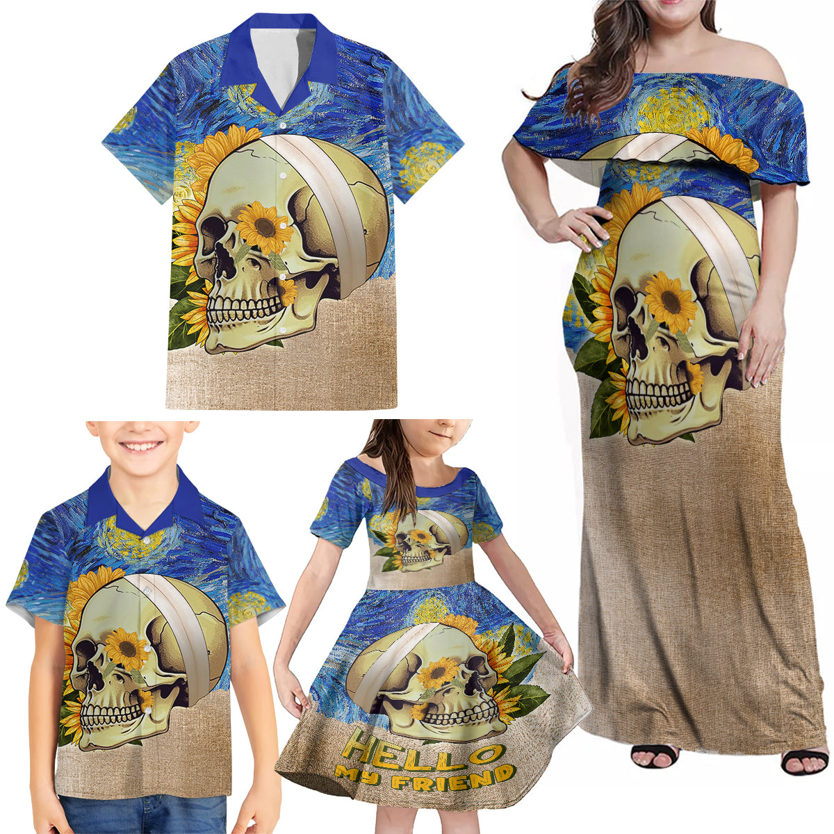 Van Gogh Style Skull Family Matching Off Shoulder Maxi Dress and Hawaiian Shirt Hello My Friend - Wonder Print Shop