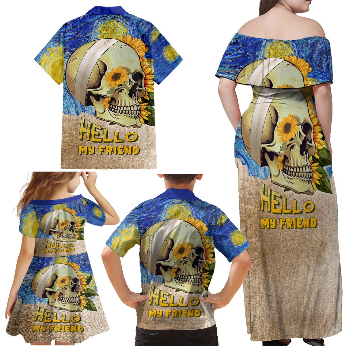 Van Gogh Style Skull Family Matching Off Shoulder Maxi Dress and Hawaiian Shirt Hello My Friend - Wonder Print Shop