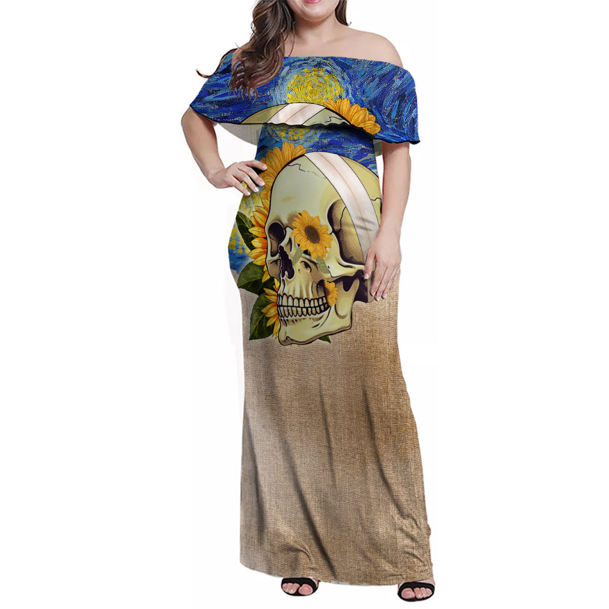 Van Gogh Style Skull Family Matching Off Shoulder Maxi Dress and Hawaiian Shirt Hello My Friend - Wonder Print Shop