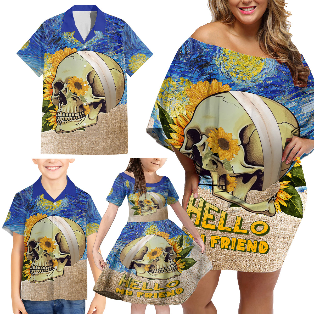 Van Gogh Style Skull Family Matching Off Shoulder Short Dress and Hawaiian Shirt Hello My Friend - Wonder Print Shop