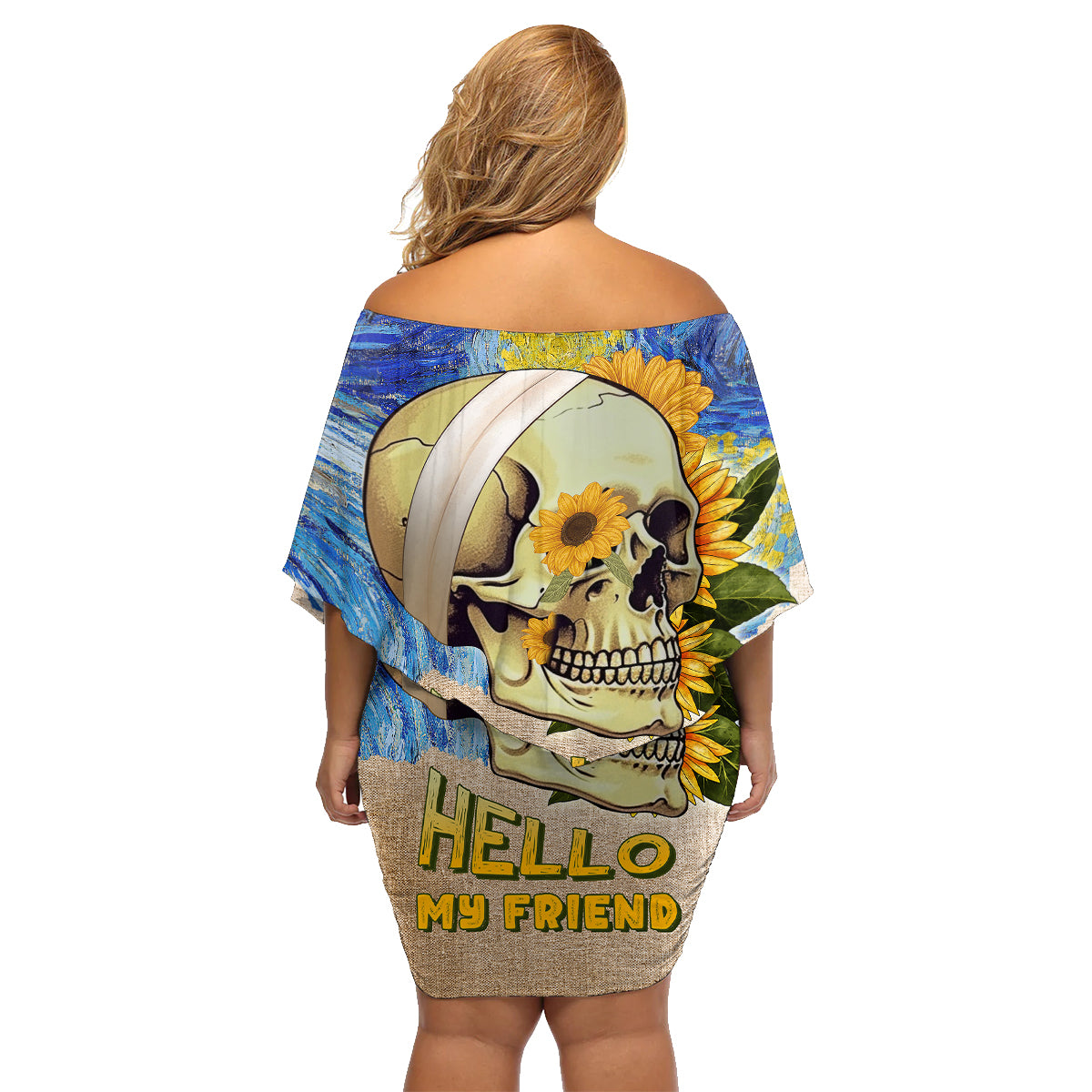 Van Gogh Style Skull Family Matching Off Shoulder Short Dress and Hawaiian Shirt Hello My Friend - Wonder Print Shop