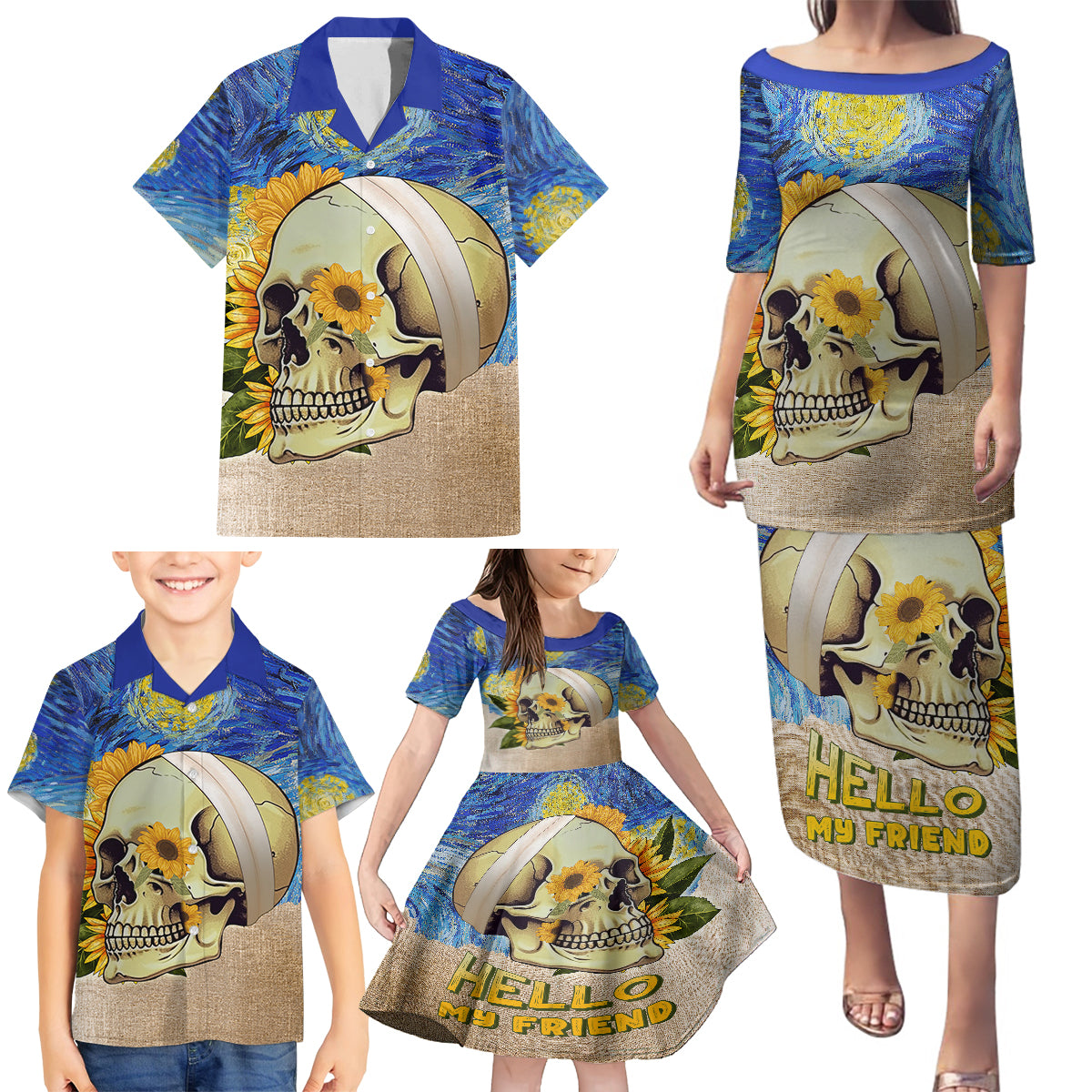 Van Gogh Style Skull Family Matching Puletasi Dress and Hawaiian Shirt Hello My Friend - Wonder Print Shop
