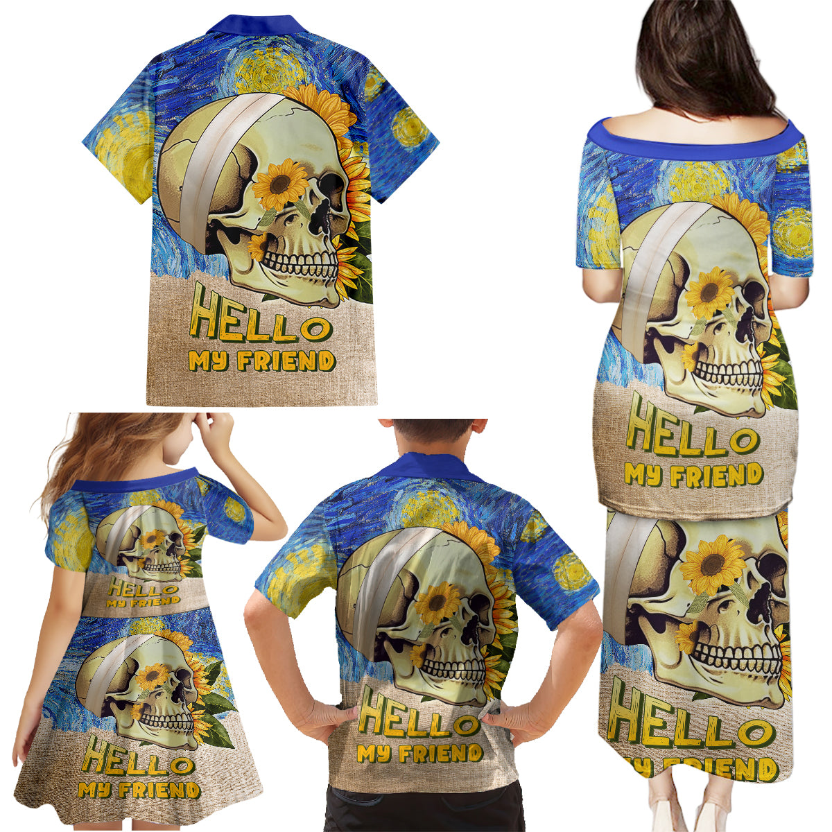 Van Gogh Style Skull Family Matching Puletasi Dress and Hawaiian Shirt Hello My Friend - Wonder Print Shop