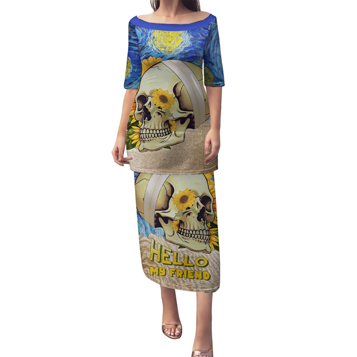 Van Gogh Style Skull Family Matching Puletasi Dress and Hawaiian Shirt Hello My Friend - Wonder Print Shop