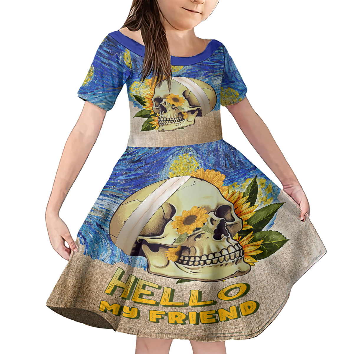Van Gogh Style Skull Family Matching Short Sleeve Bodycon Dress and Hawaiian Shirt Hello My Friend - Wonder Print Shop
