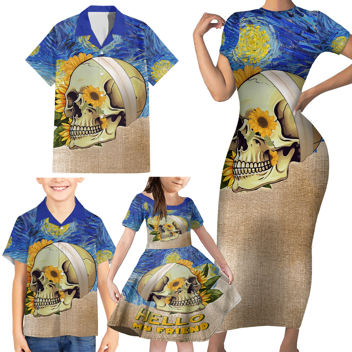 Van Gogh Style Skull Family Matching Short Sleeve Bodycon Dress and Hawaiian Shirt Hello My Friend - Wonder Print Shop