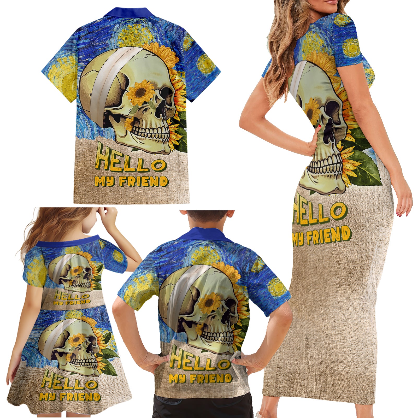 Van Gogh Style Skull Family Matching Short Sleeve Bodycon Dress and Hawaiian Shirt Hello My Friend - Wonder Print Shop