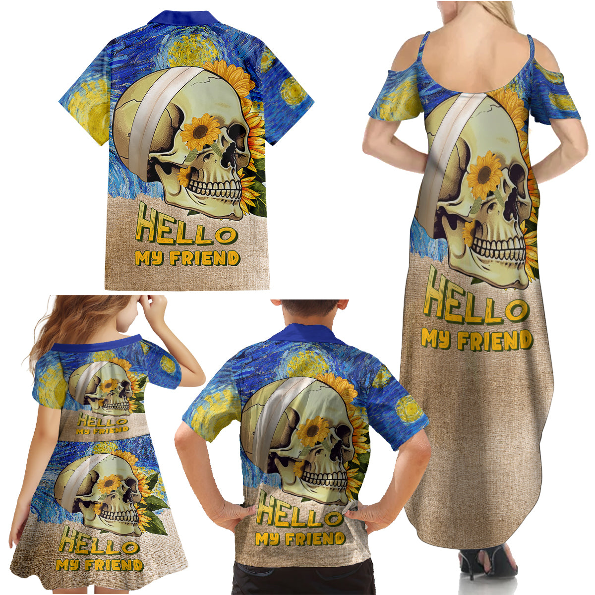 Van Gogh Style Skull Family Matching Summer Maxi Dress and Hawaiian Shirt Hello My Friend - Wonder Print Shop