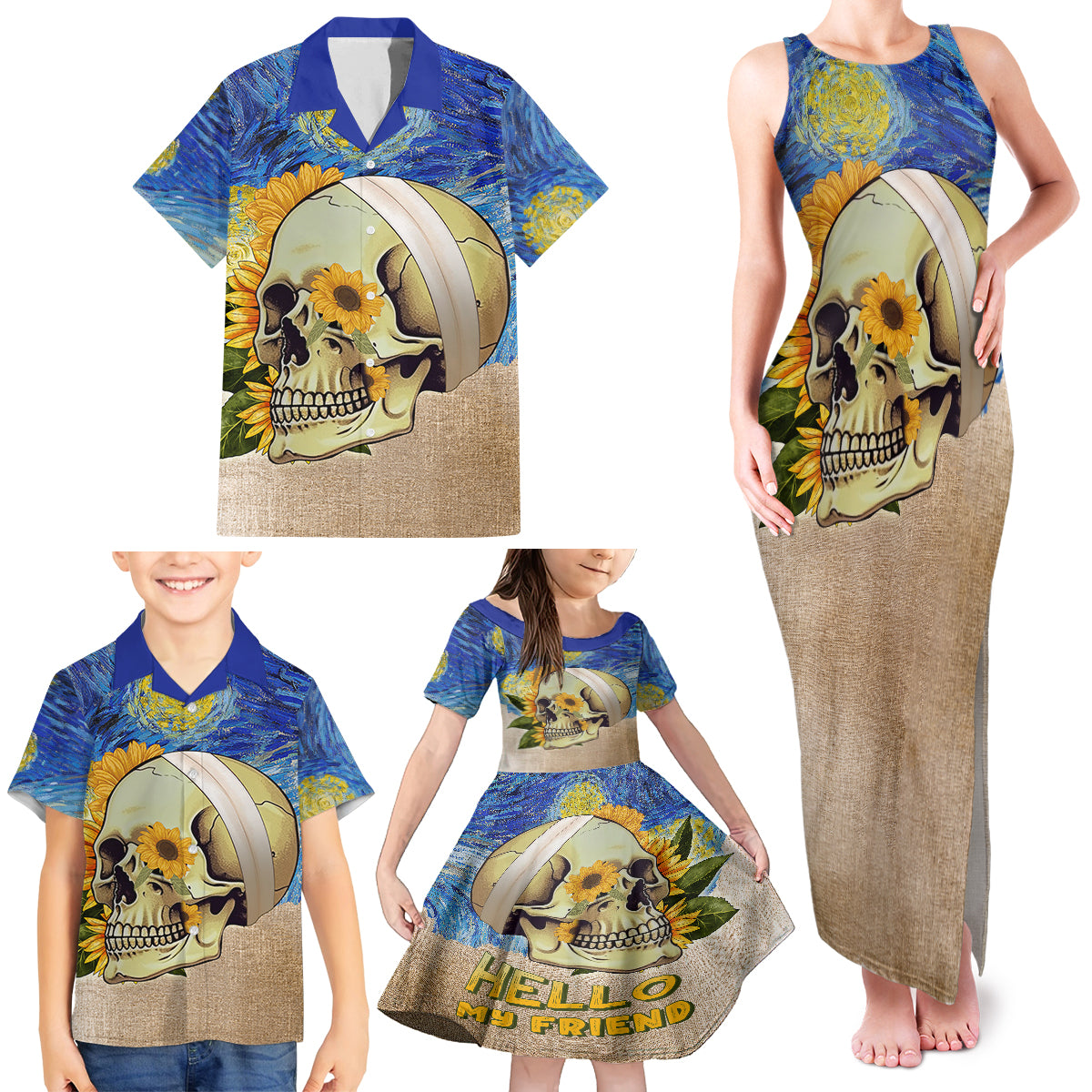 Van Gogh Style Skull Family Matching Tank Maxi Dress and Hawaiian Shirt Hello My Friend - Wonder Print Shop