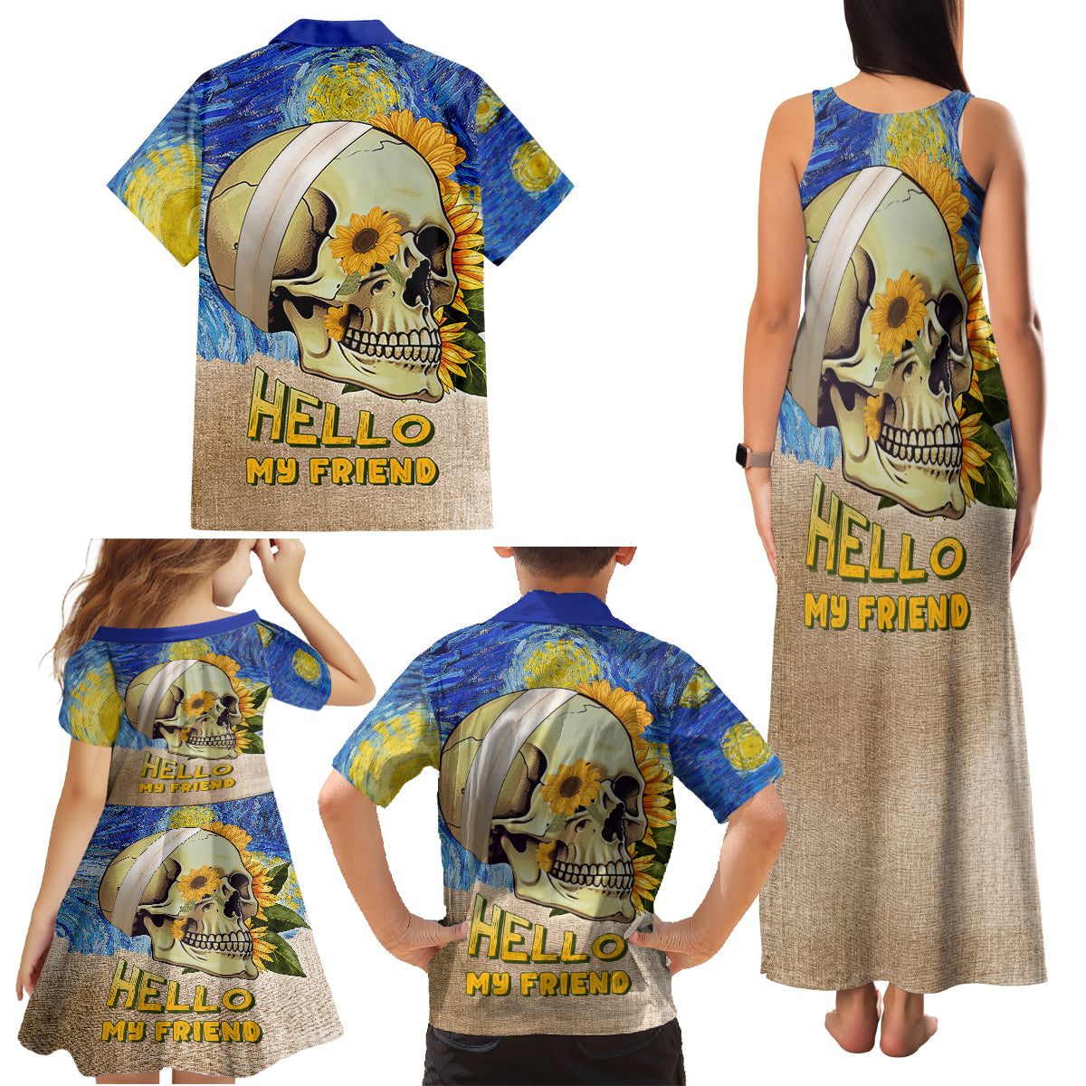 Van Gogh Style Skull Family Matching Tank Maxi Dress and Hawaiian Shirt Hello My Friend - Wonder Print Shop