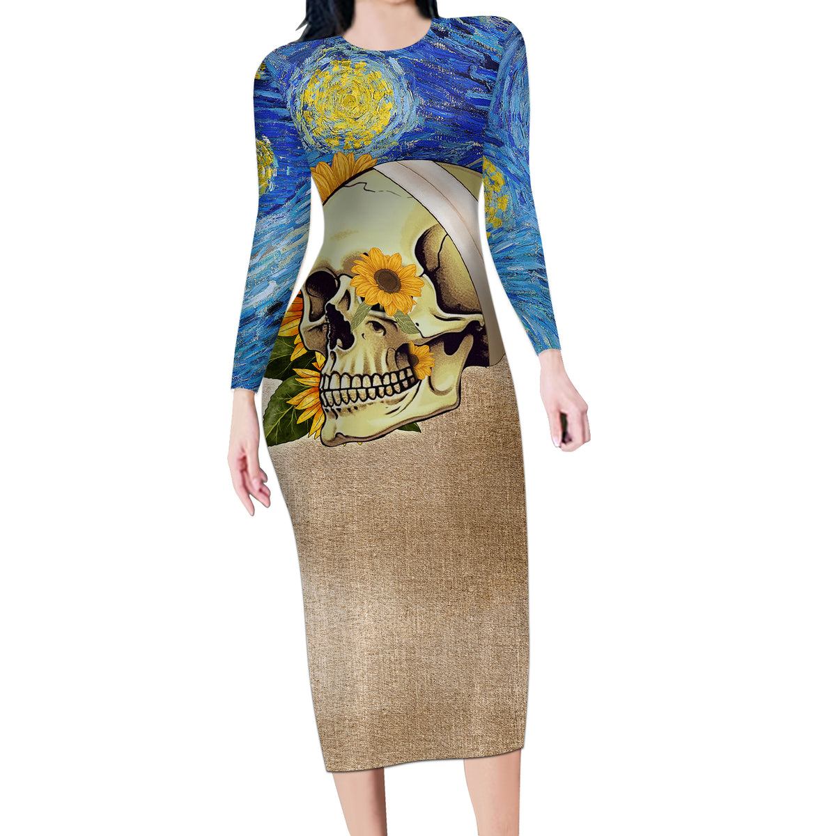 Van Gogh Style Skull Long Sleeve Bodycon Dress Hello My Friend - Wonder Print Shop