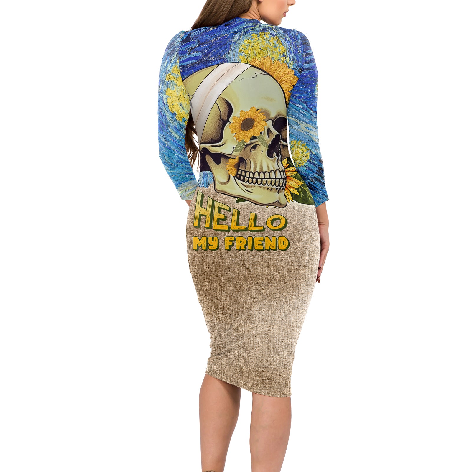 Van Gogh Style Skull Long Sleeve Bodycon Dress Hello My Friend - Wonder Print Shop