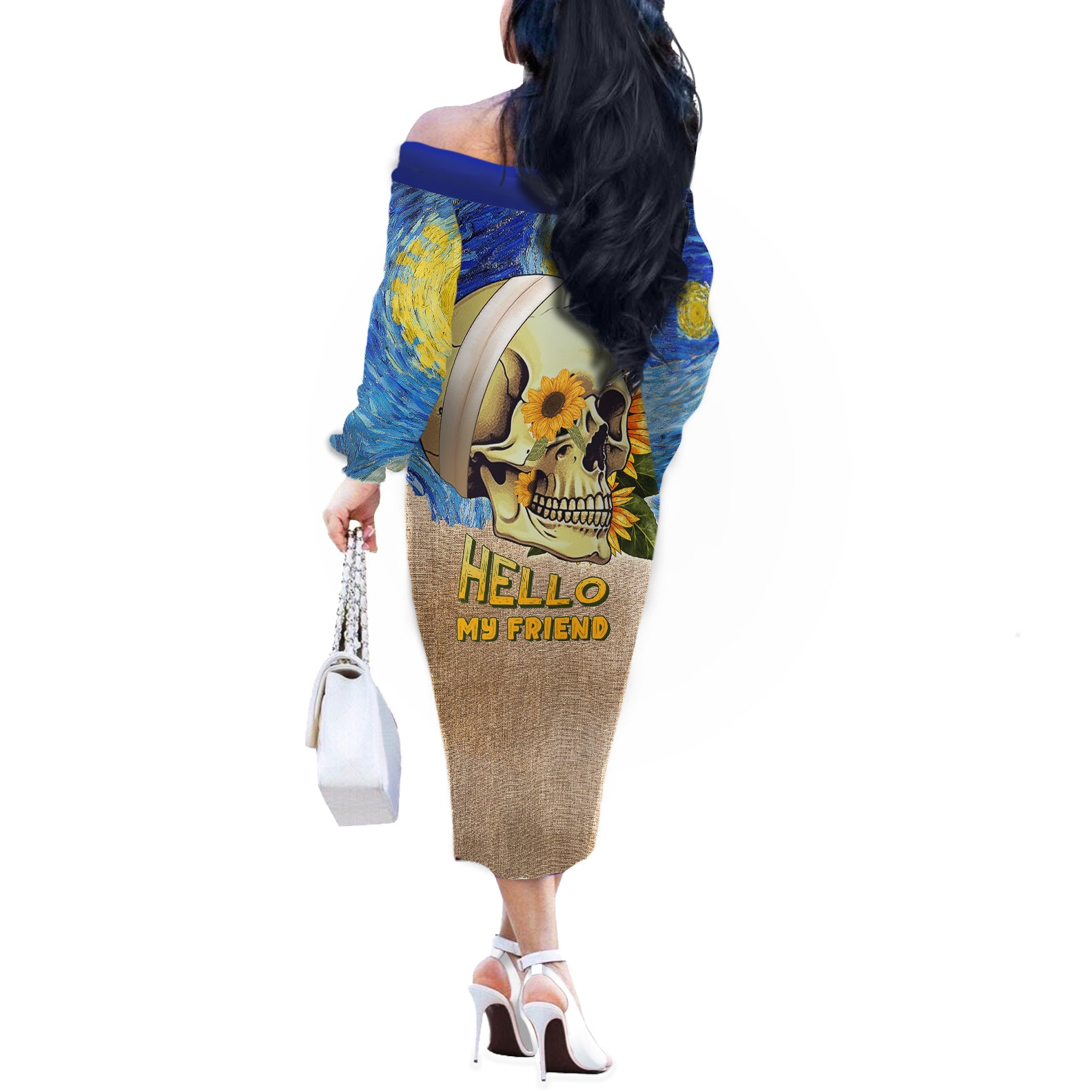Van Gogh Style Skull Off The Shoulder Long Sleeve Dress Hello My Friend - Wonder Print Shop