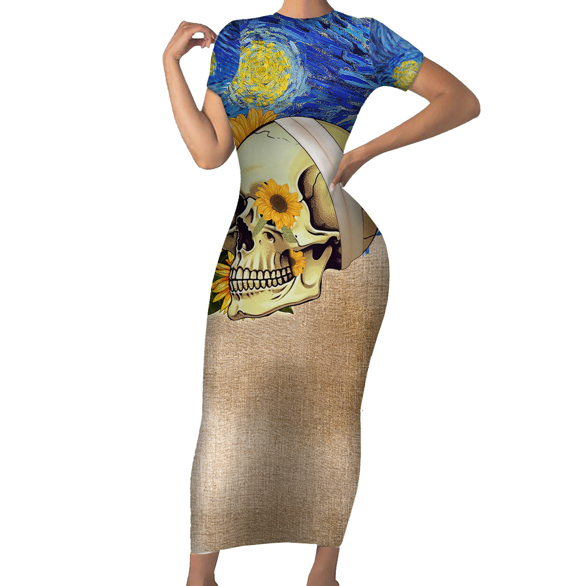 Van Gogh Style Skull Short Sleeve Bodycon Dress Hello My Friend - Wonder Print Shop