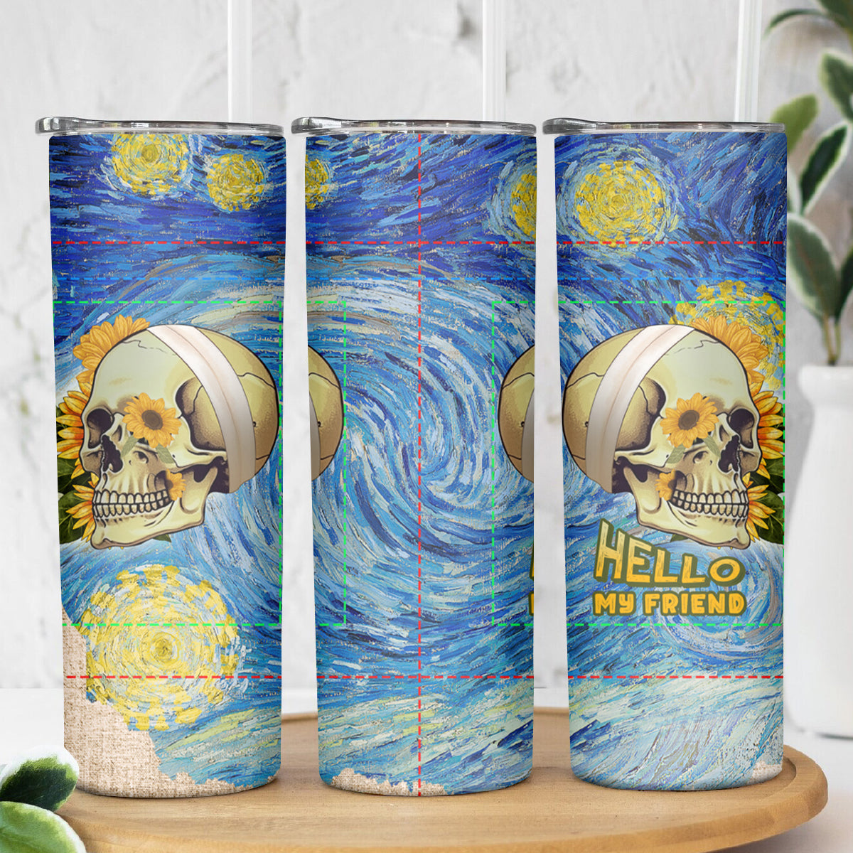 Van Gogh Style Skull Skinny Tumbler Hello My Friend - Wonder Print Shop