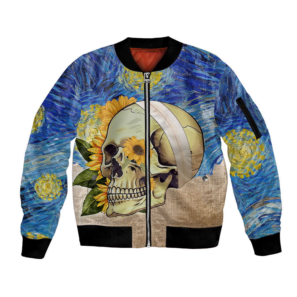Van Gogh Style Skull Sleeve Zip Bomber Jacket Hello My Friend - Wonder Print Shop
