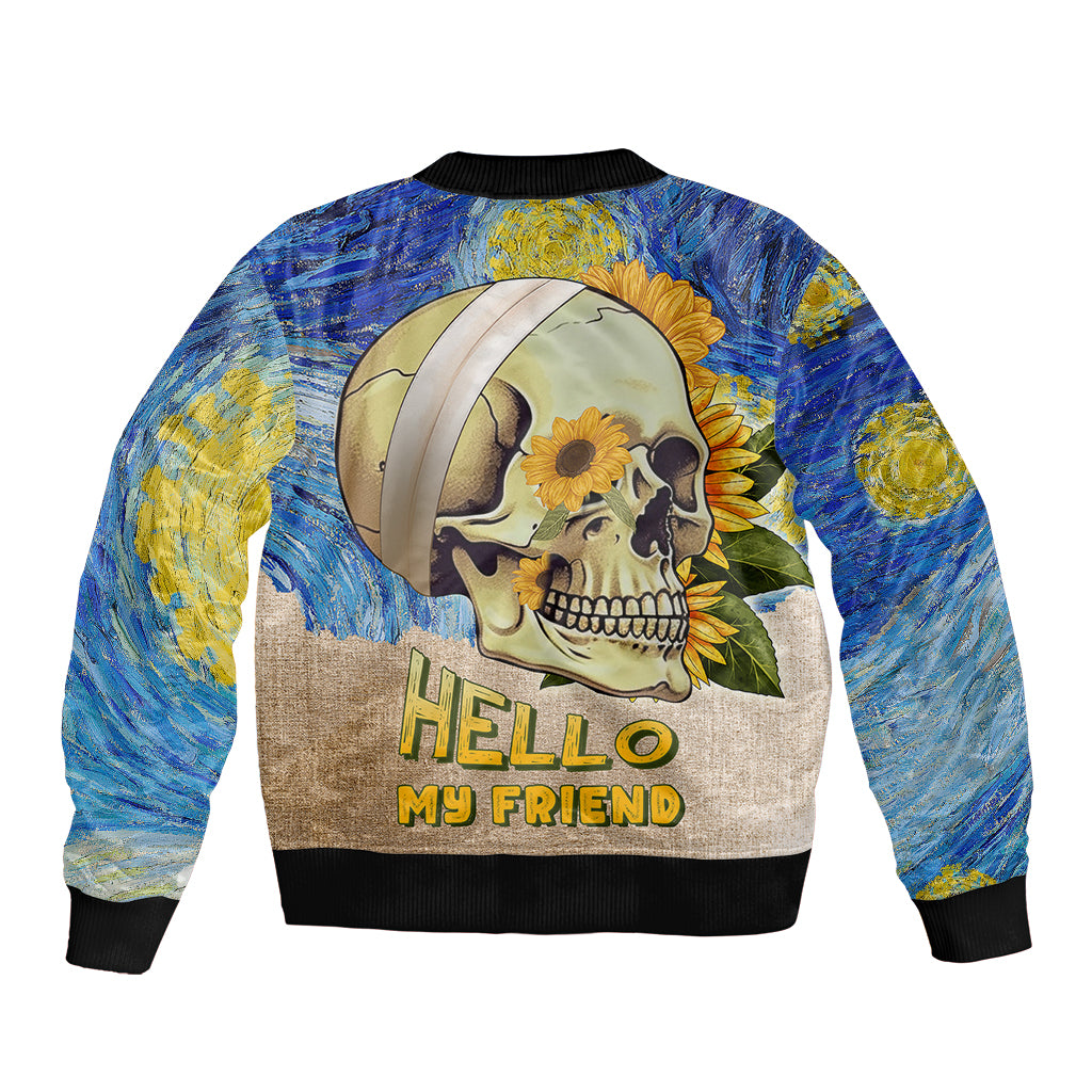 Van Gogh Style Skull Sleeve Zip Bomber Jacket Hello My Friend - Wonder Print Shop