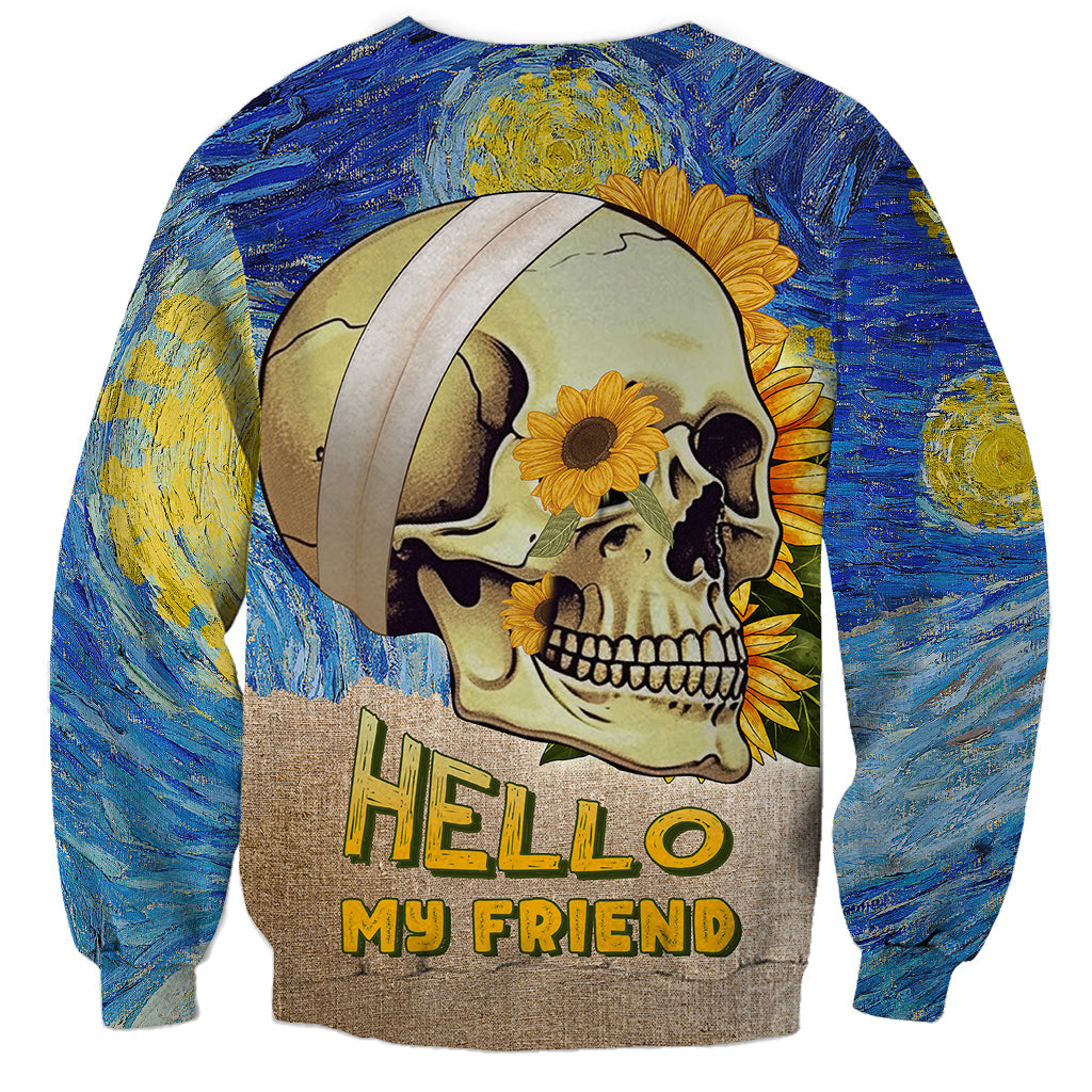 Van Gogh Style Skull Sweatshirt Hello My Friend - Wonder Print Shop