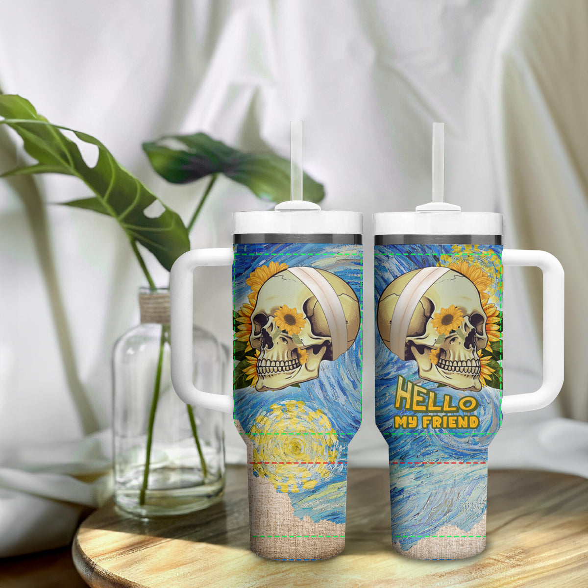 Van Gogh Style Skull Tumbler With Handle Hello My Friend - Wonder Print Shop