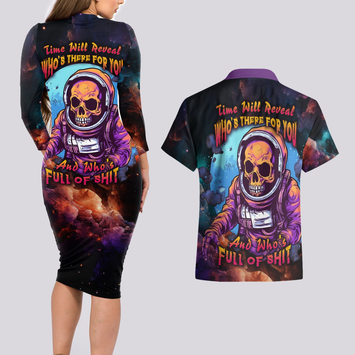 Time Will Reveal Who's There For You And Who's Full Of Shit Couples Matching Long Sleeve Bodycon Dress and Hawaiian Shirt - Wonder Print Shop