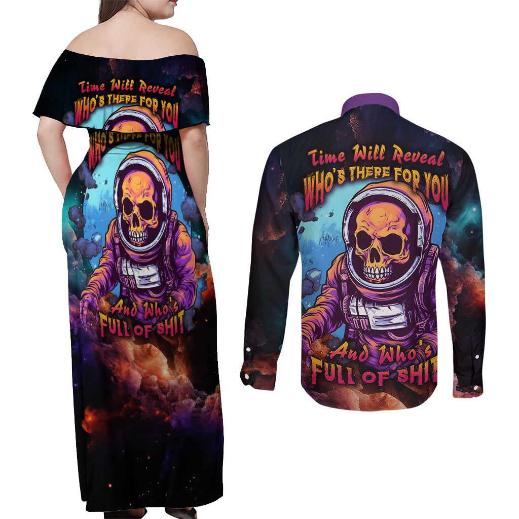 Time Will Reveal Who's There For You And Who's Full Of Shit Couples Matching Off Shoulder Maxi Dress and Long Sleeve Button Shirts - Wonder Print Shop