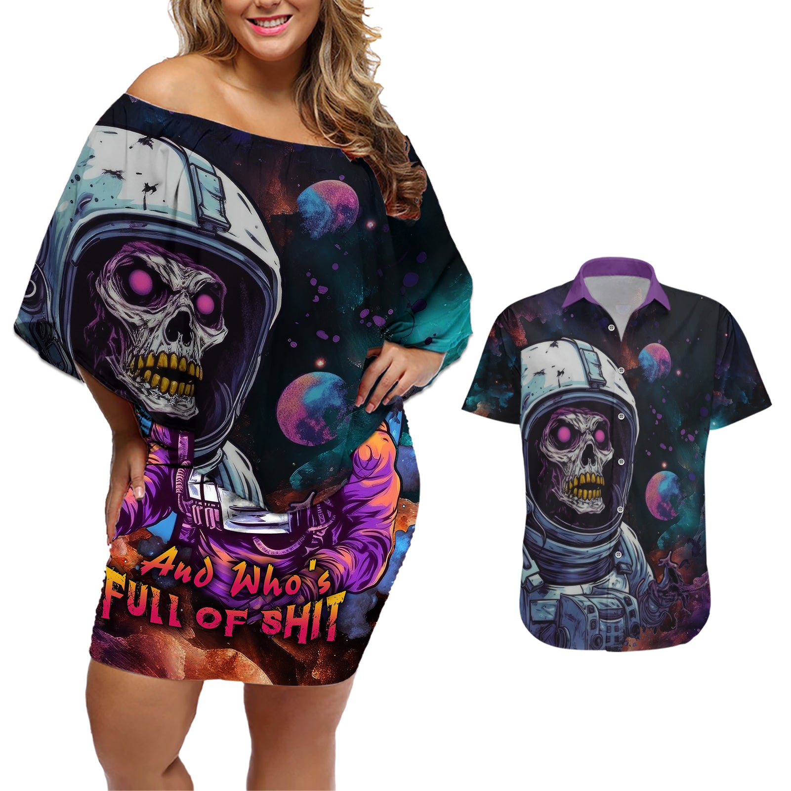 Time Will Reveal Who's There For You And Who's Full Of Shit Couples Matching Off Shoulder Short Dress and Hawaiian Shirt - Wonder Print Shop