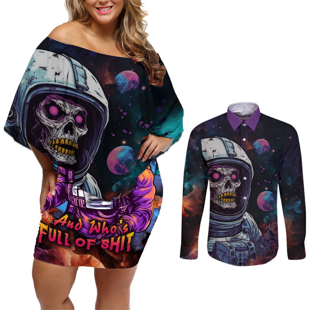 Time Will Reveal Who's There For You And Who's Full Of Shit Couples Matching Off Shoulder Short Dress and Long Sleeve Button Shirts - Wonder Print Shop