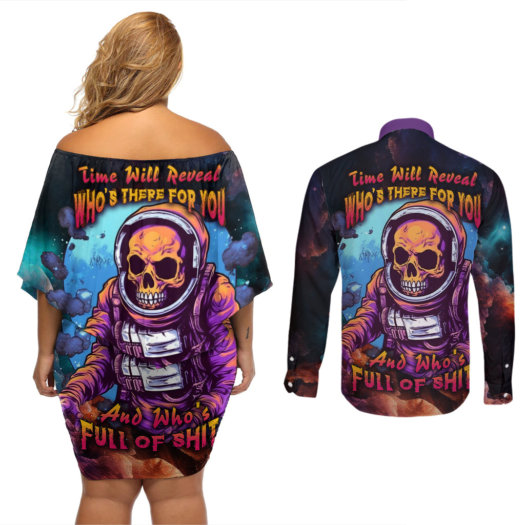 Time Will Reveal Who's There For You And Who's Full Of Shit Couples Matching Off Shoulder Short Dress and Long Sleeve Button Shirts - Wonder Print Shop