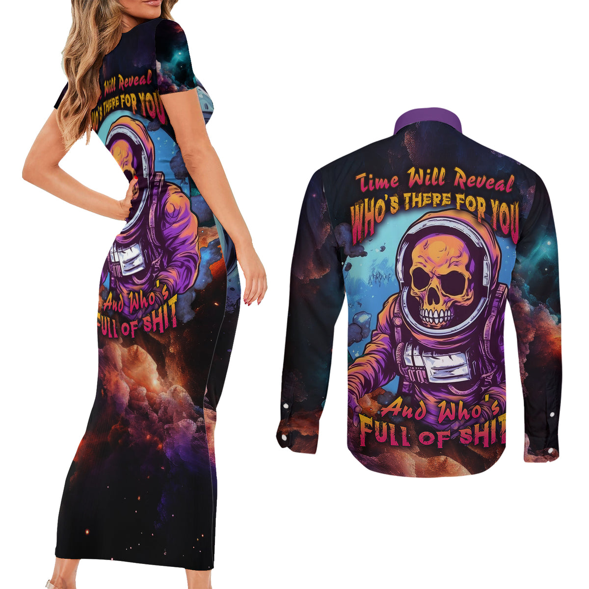 Time Will Reveal Who's There For You And Who's Full Of Shit Couples Matching Short Sleeve Bodycon Dress and Long Sleeve Button Shirts - Wonder Print Shop