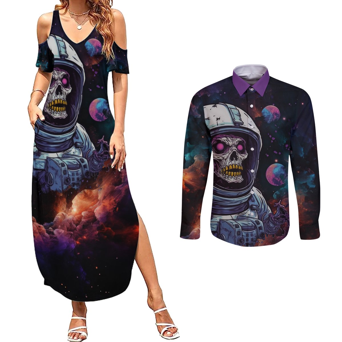 Time Will Reveal Who's There For You And Who's Full Of Shit Couples Matching Summer Maxi Dress and Long Sleeve Button Shirts - Wonder Print Shop