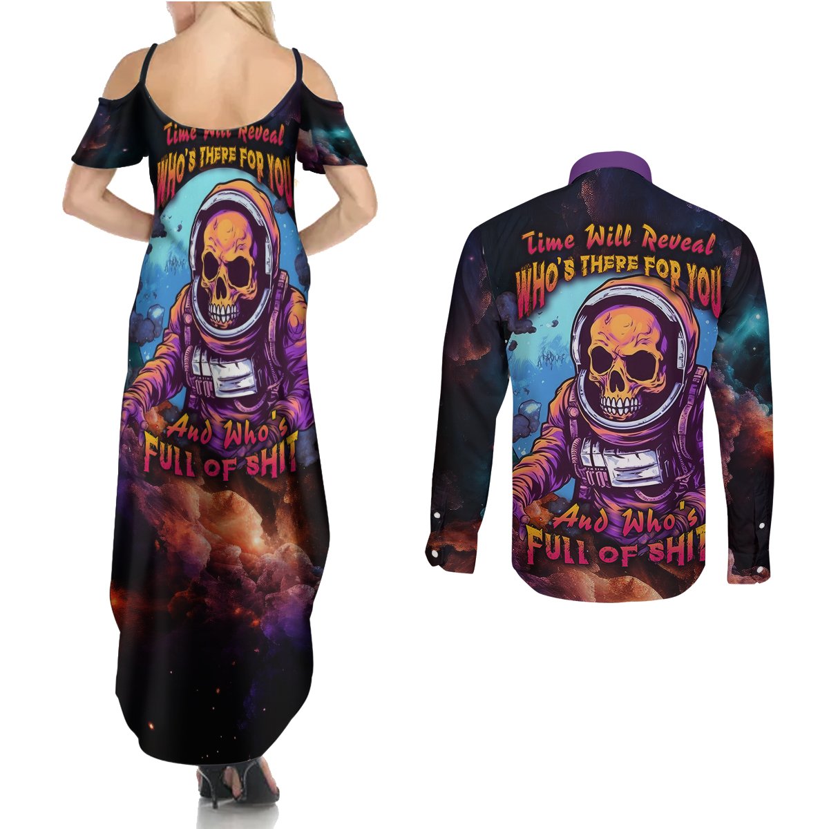 Time Will Reveal Who's There For You And Who's Full Of Shit Couples Matching Summer Maxi Dress and Long Sleeve Button Shirts - Wonder Print Shop
