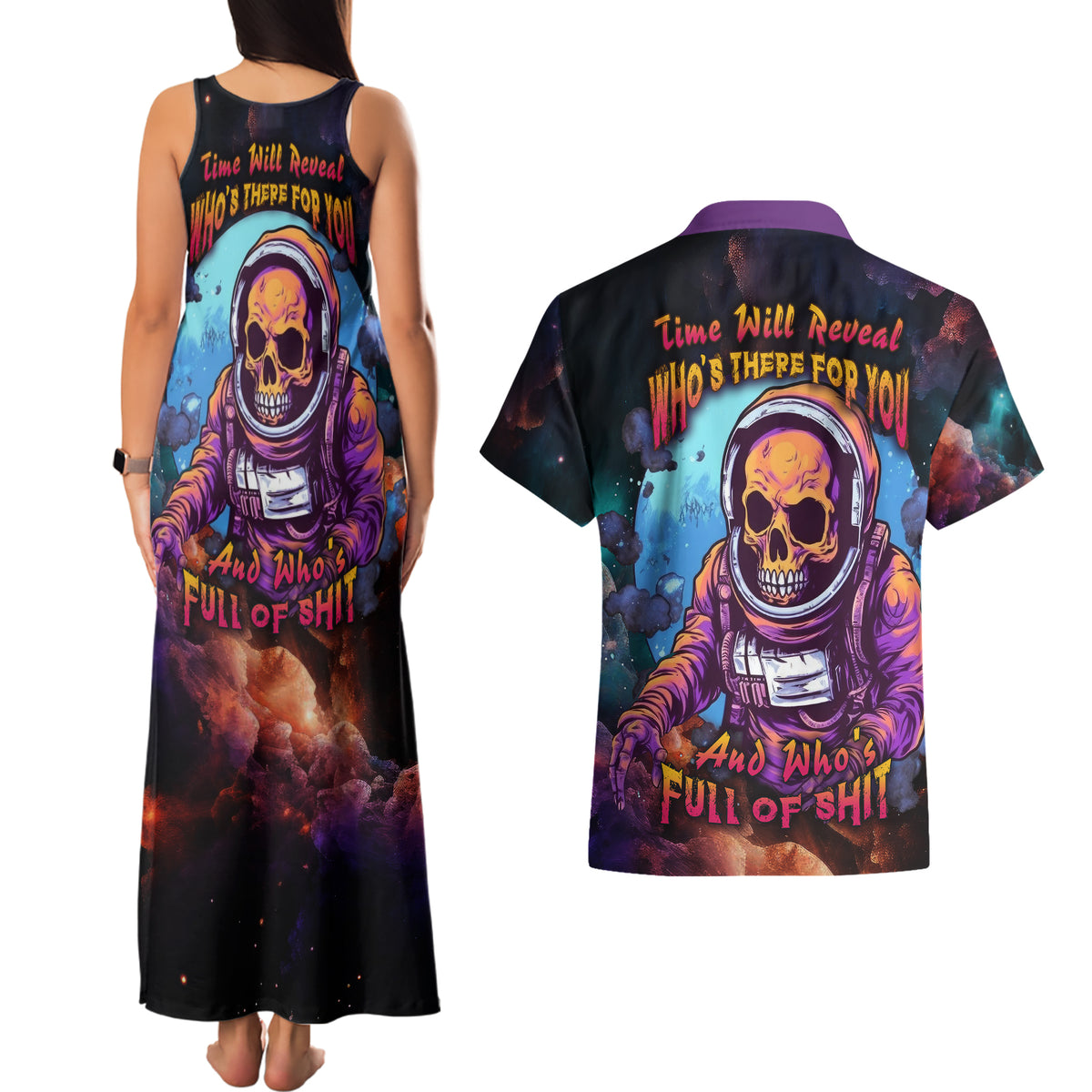 Time Will Reveal Who's There For You And Who's Full Of Shit Couples Matching Tank Maxi Dress and Hawaiian Shirt - Wonder Print Shop