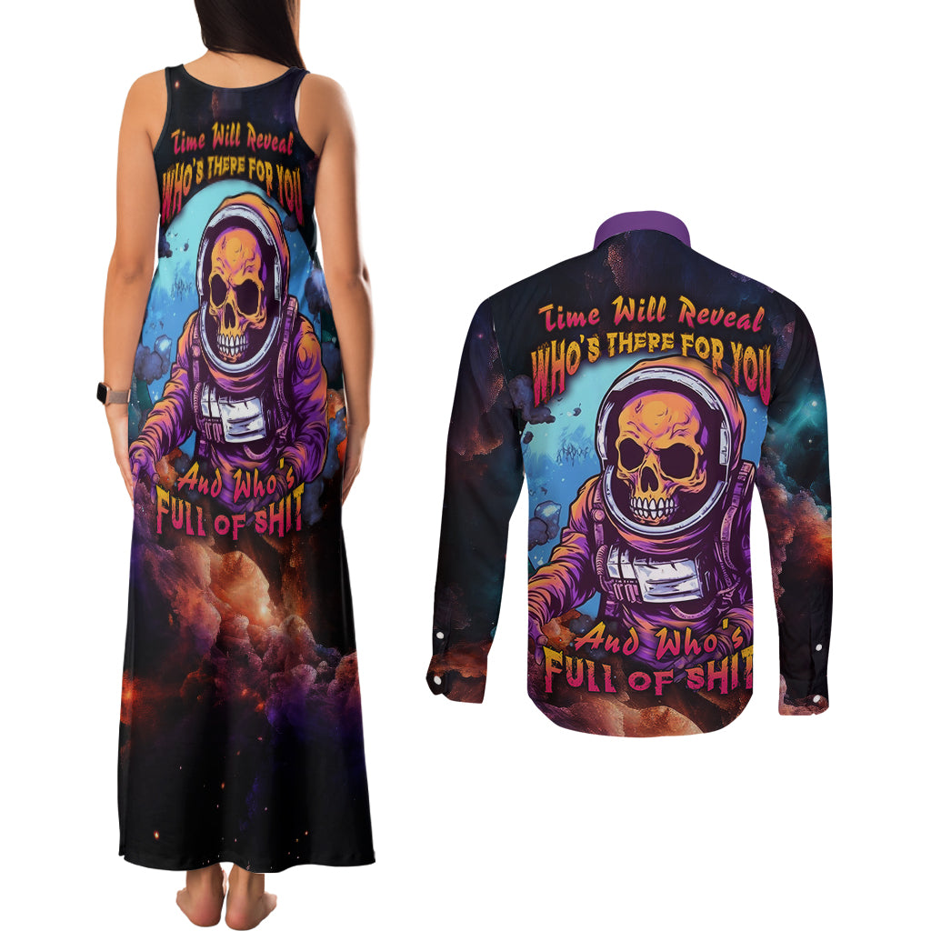 Time Will Reveal Who's There For You And Who's Full Of Shit Couples Matching Tank Maxi Dress and Long Sleeve Button Shirts - Wonder Print Shop