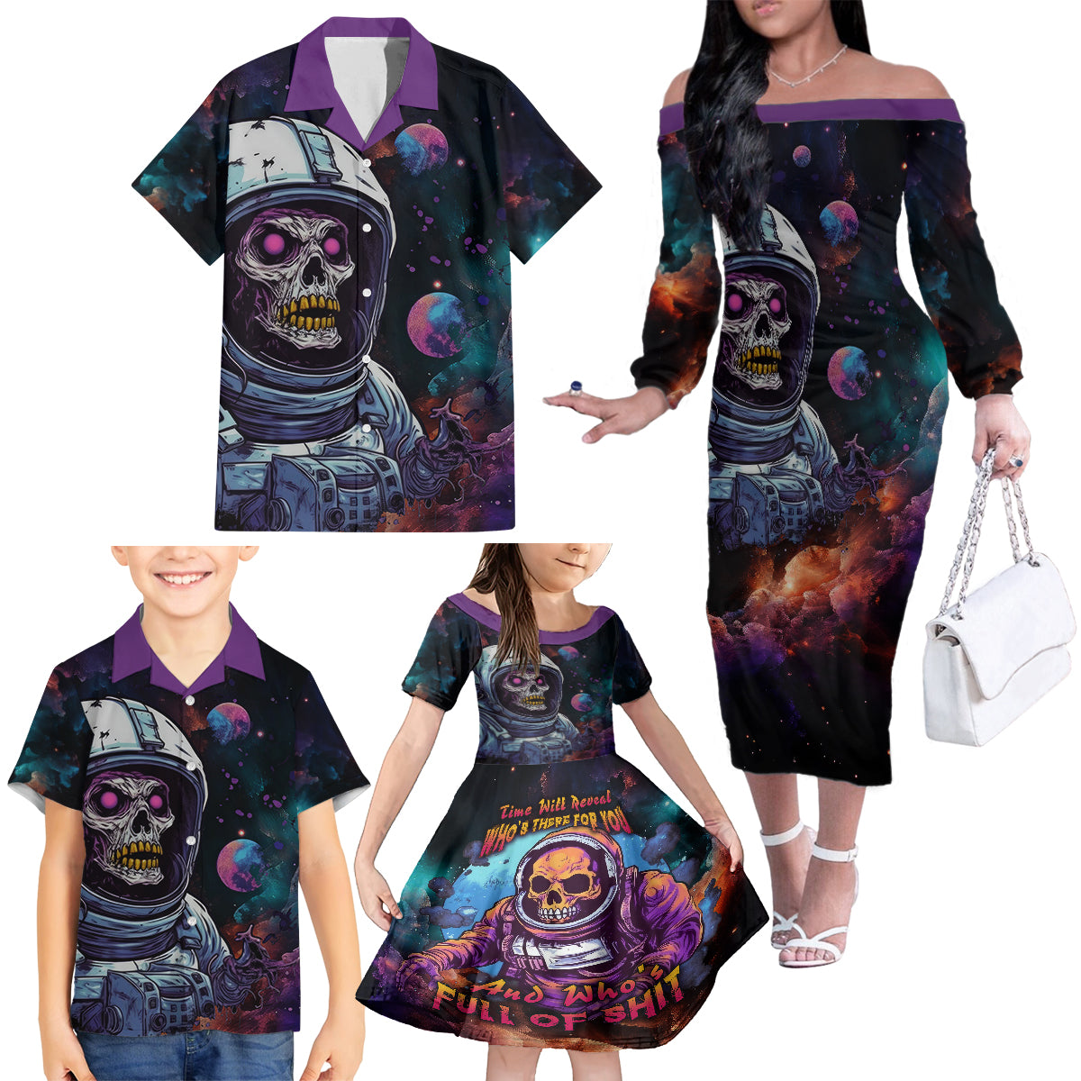 Time Will Reveal Who's There For You And Who's Full Of Shit Family Matching Off Shoulder Long Sleeve Dress and Hawaiian Shirt - Wonder Print Shop