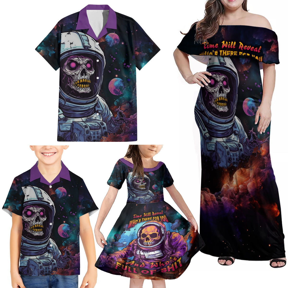 Time Will Reveal Who's There For You And Who's Full Of Shit Family Matching Off Shoulder Maxi Dress and Hawaiian Shirt - Wonder Print Shop