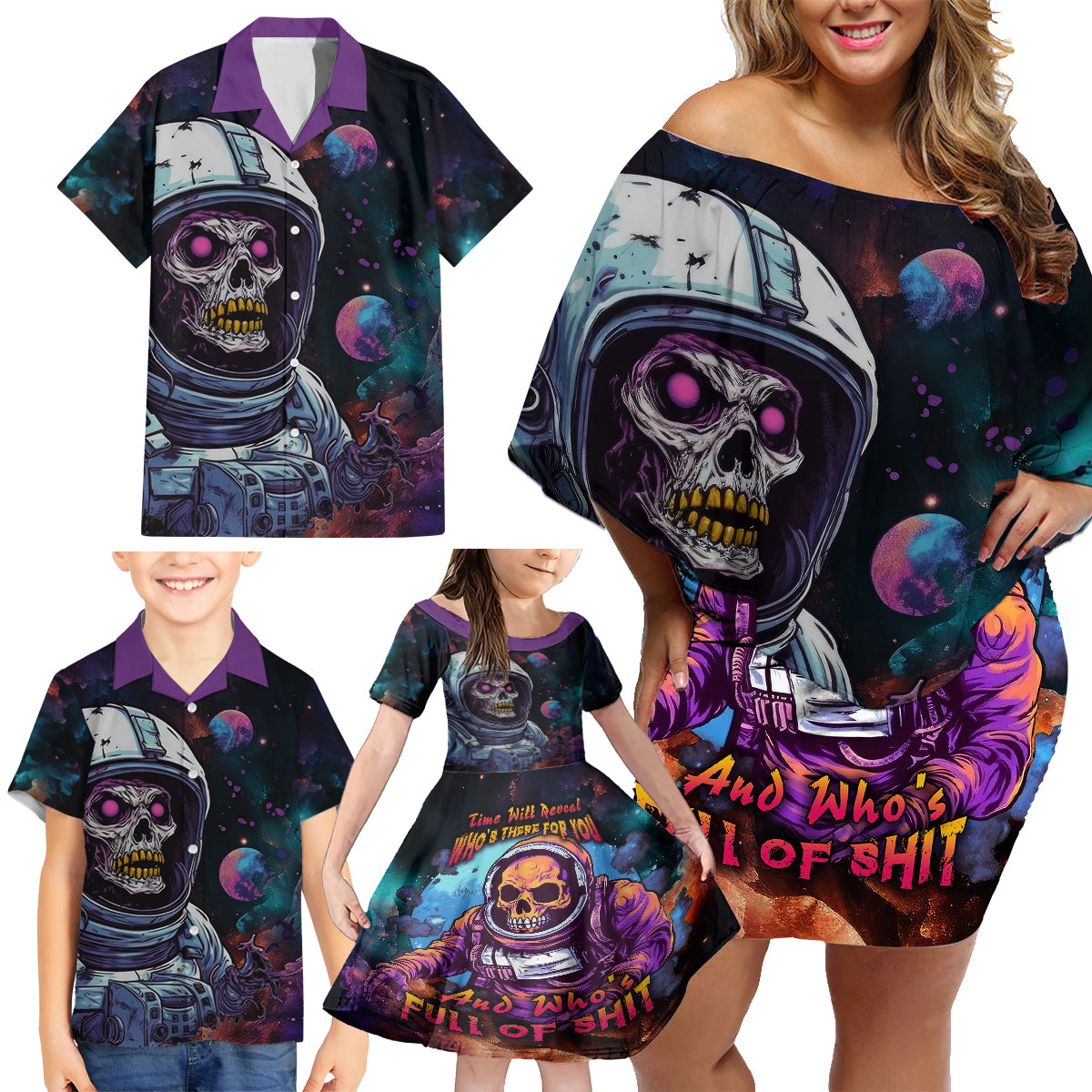 Time Will Reveal Who's There For You And Who's Full Of Shit Family Matching Off Shoulder Short Dress and Hawaiian Shirt - Wonder Print Shop