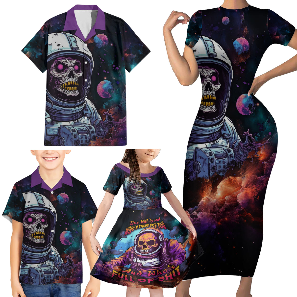 Time Will Reveal Who's There For You And Who's Full Of Shit Family Matching Short Sleeve Bodycon Dress and Hawaiian Shirt - Wonder Print Shop