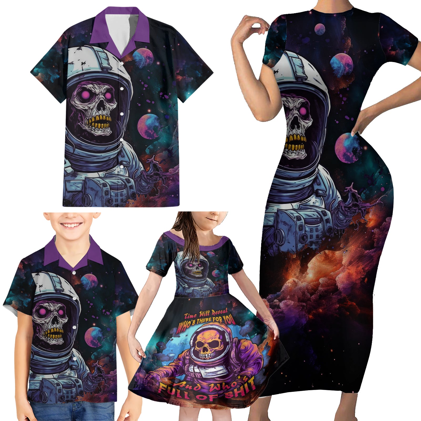 Time Will Reveal Who's There For You And Who's Full Of Shit Family Matching Short Sleeve Bodycon Dress and Hawaiian Shirt - Wonder Print Shop