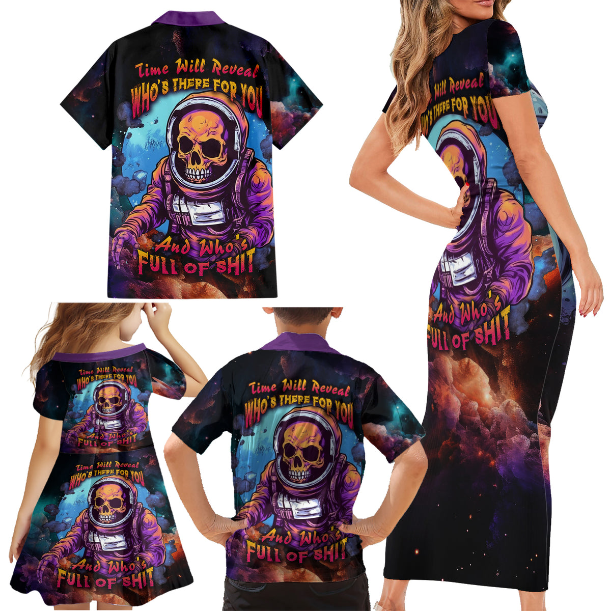 Time Will Reveal Who's There For You And Who's Full Of Shit Family Matching Short Sleeve Bodycon Dress and Hawaiian Shirt - Wonder Print Shop