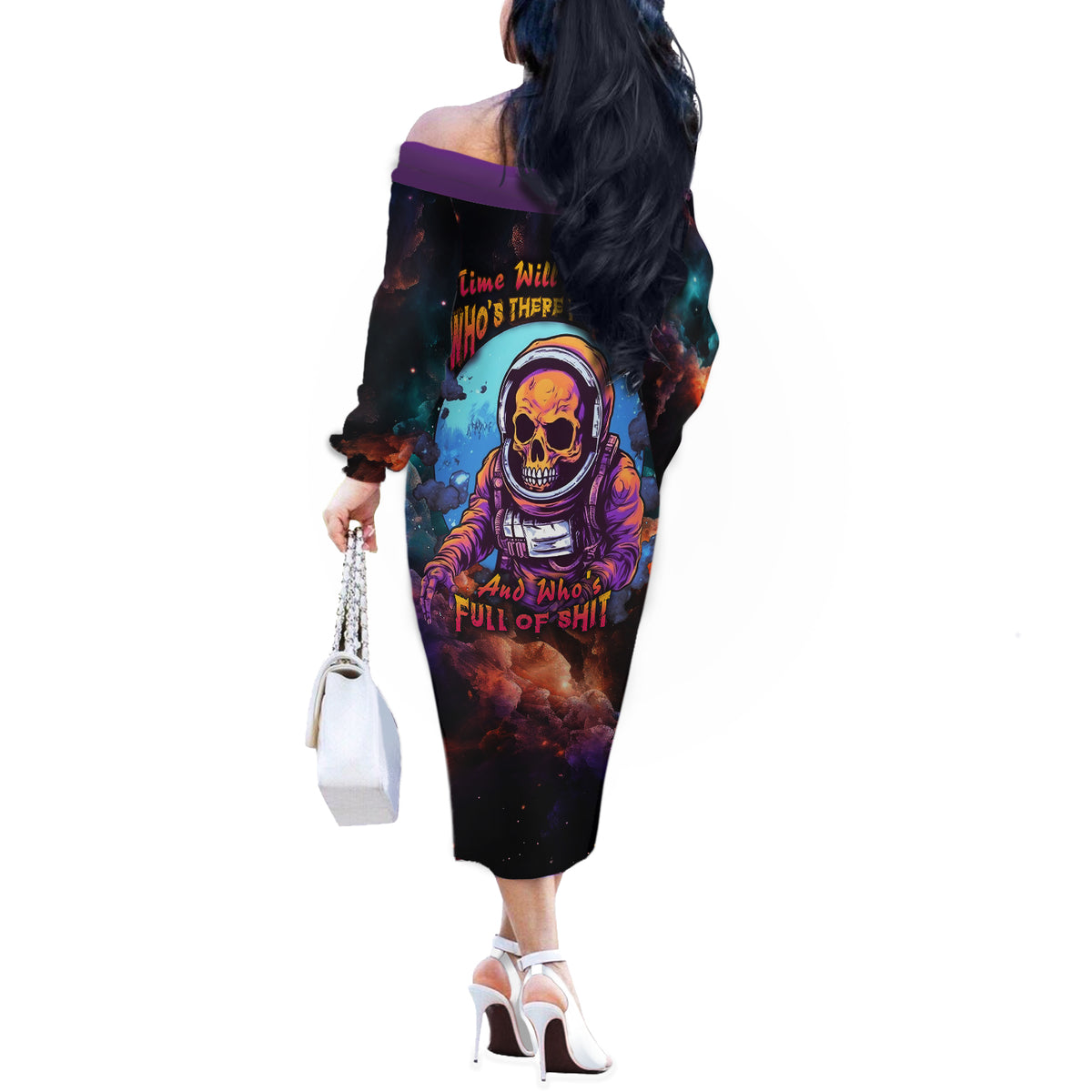 Time Will Reveal Who's There For You And Who's Full Of Shit Off The Shoulder Long Sleeve Dress - Wonder Print Shop