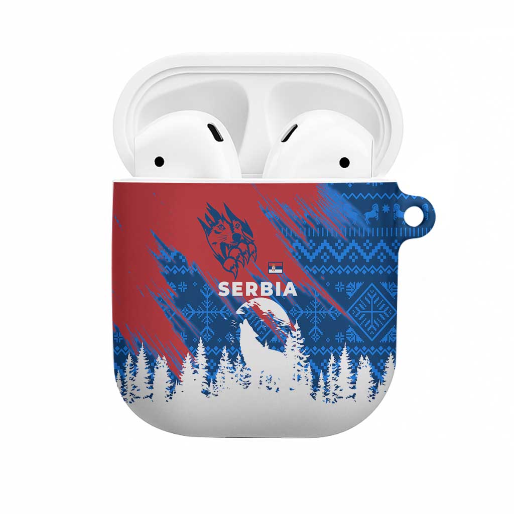 Serbia Christmas AirPods Case with Wolf Howling Moon Serbian Flag and Red Blue White Winter Forest Pattern Design - Wonder Print Shop
