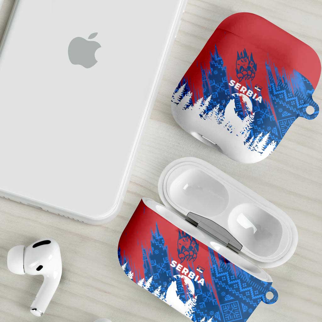 Serbia Christmas AirPods Case with Wolf Howling Moon Serbian Flag and Red Blue White Winter Forest Pattern Design - Wonder Print Shop